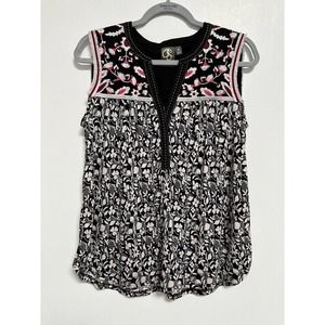 One September Anthropologie Floral Embroidered Sleeveless Blouse Boho Preppy